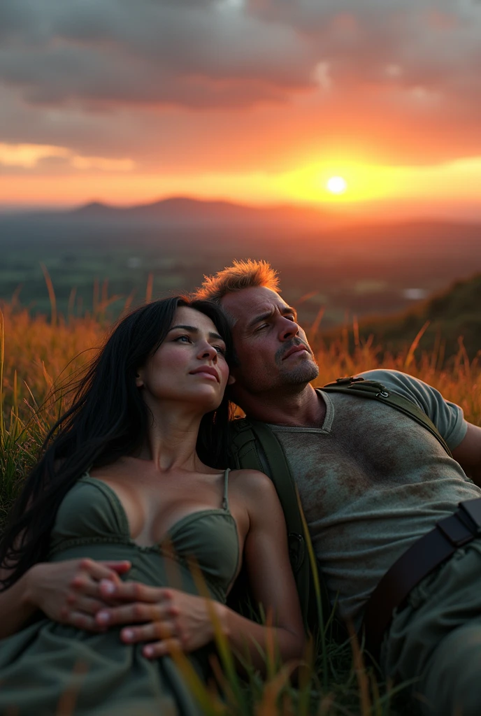a woman in dirty clothes and long dark hair with a strong military man with blond hair lying on the grass on top of a hill watching the sunset