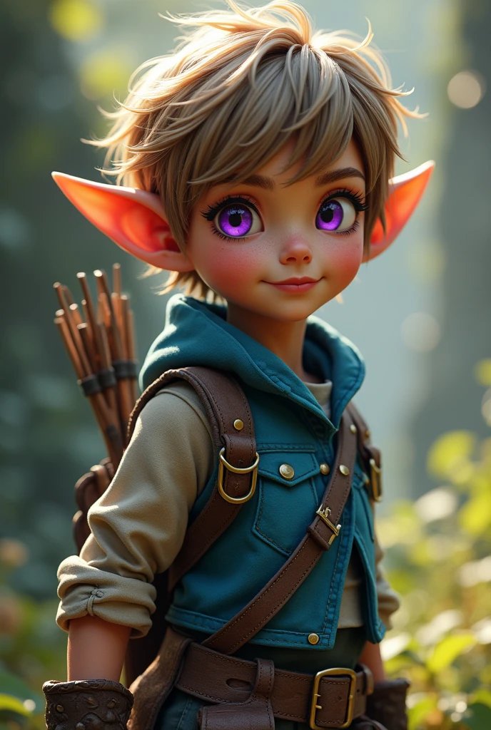 Create an image of a gnome girl with elf ears, short-hair, light brown and rebellious, skin tanned, purple eyes, her outfit is rogue RPG style. The girl has a mischievous smile, blue clothes and a bow on the back