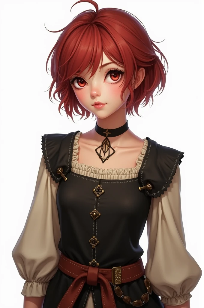 Girl with short red hair (Tomboy style), wine colored eyes, Caucasian skin, wearing black and beige medieval clothes, white background