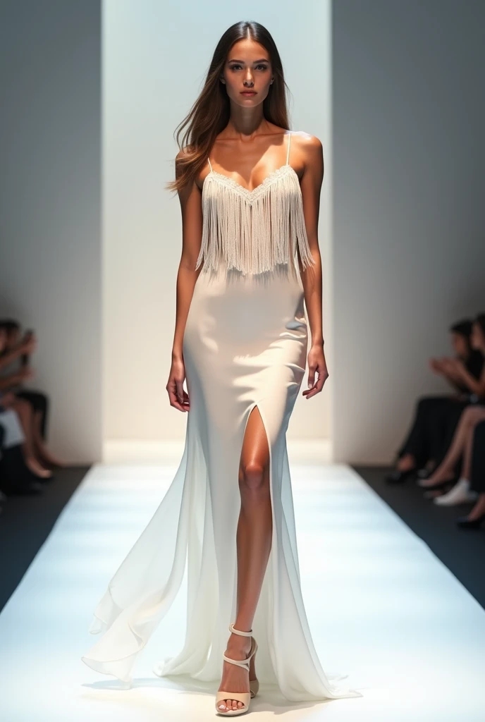female model on the catwalk wearing a white fringed cross-chest dress