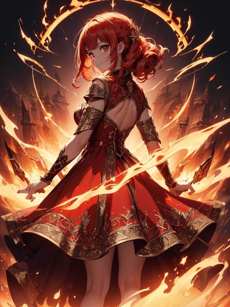 (((best quality, sharp image, clear image, cinematic lighting, 8k resolution, masterpiece, ultra detailed, intricate))) Girl, sorcerer, cute, intricate dress, smiling, fiery red, ((intricate background)), (rune frame), dimension, ((shot from behind)), fire sigils, chaotic background.