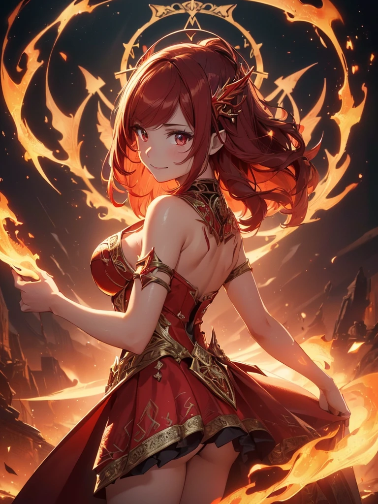 (((best quality, sharp image, clear image, cinematic lighting, 8k resolution, masterpiece, ultra detailed, intricate))) Girl, sorcerer, cute, intricate dress, smiling, fiery red, ((intricate background)), (rune frame), dimension, ((shot from behind)), fire sigils, chaotic background.