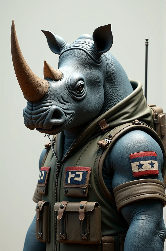 A military emblem of a rhinoceros in an aviator suit and named rhino-01, on the side of the suit that bears the flag of the country of Honduras
