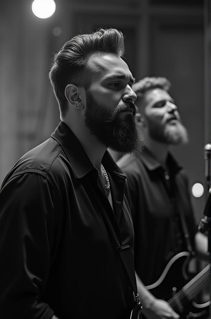 A modern rock band black and white image, with soft blur on faces , high qualiy, rehearsal studio, all wearing black blouses, vocalist with medium beard