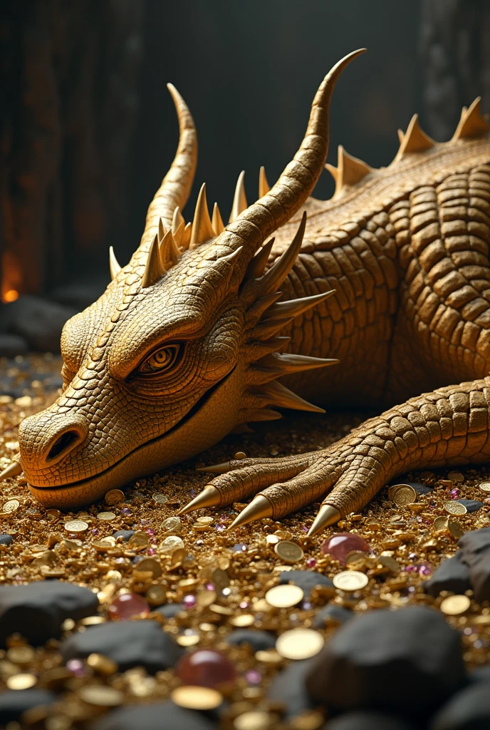 An image of the dragon Smaug lying on his mountain of treasures, with golden scales shining and an expression of rest or disdain on his face
