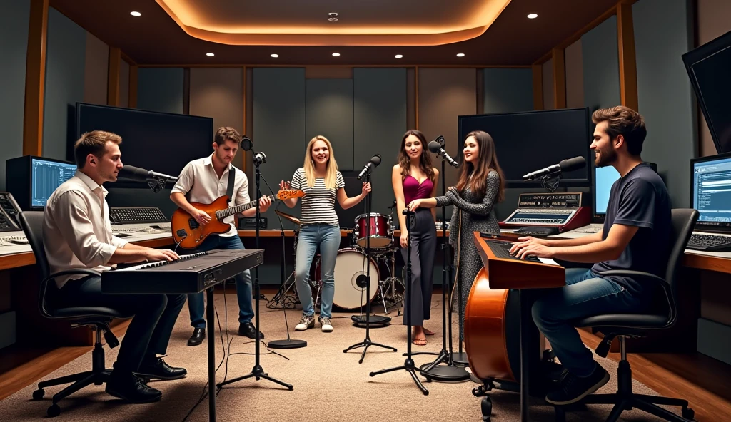 (photorealism:1.2), A male keyboardist, a male drummer, a male bassist, and three female singers on choir playing in a control room of a professional recording studio, where you can see the console and monitors.