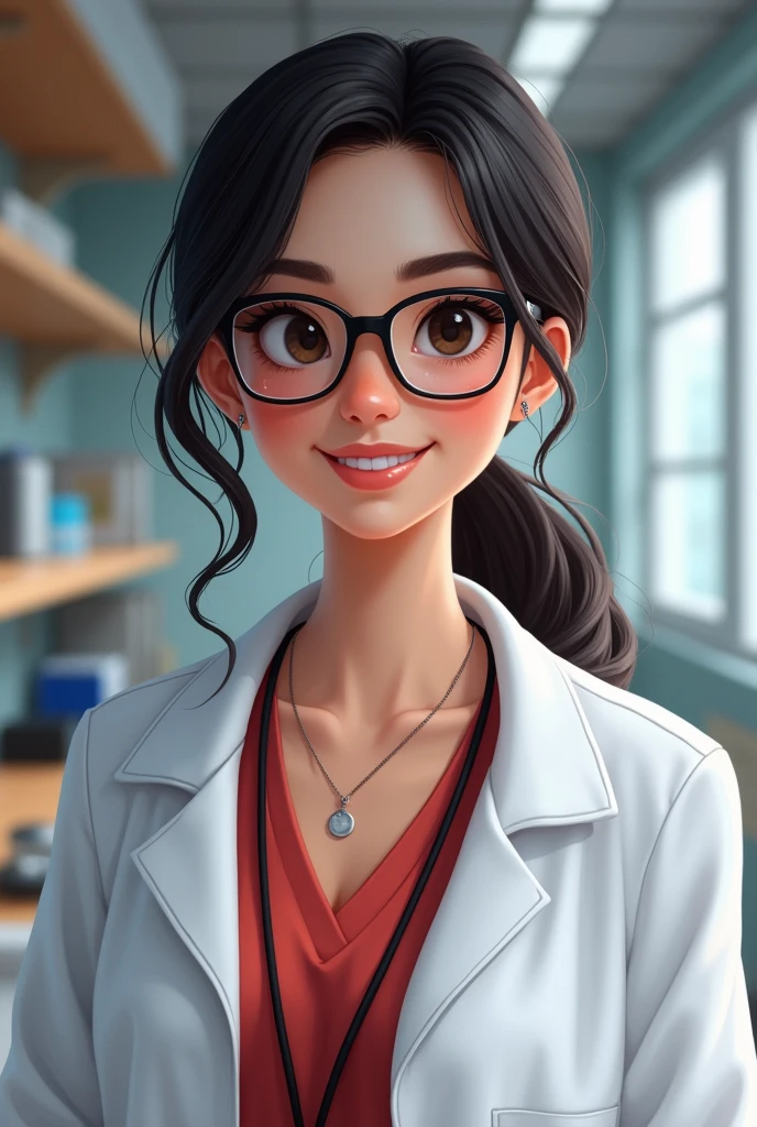 Create a realistic young woman with a warm smile. She has dark hair that is straight and partially tied back, with some loose strands framing her face. She is wearing black-rimmed glasses and has expressive, dark eyes. She is dressed in a white lab coat over a red shirt and has a lanyard around her neck. The background shows a laboratory or office setting, with shelves and equipment visible. The lighting should be soft and natural, highlighting her friendly and professional demeanor. She is nude and has big tits and big niples