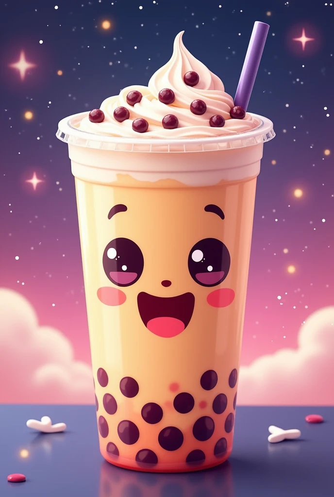 Make me a bobba drink with a happy face and stars in the background without whipped cream on top