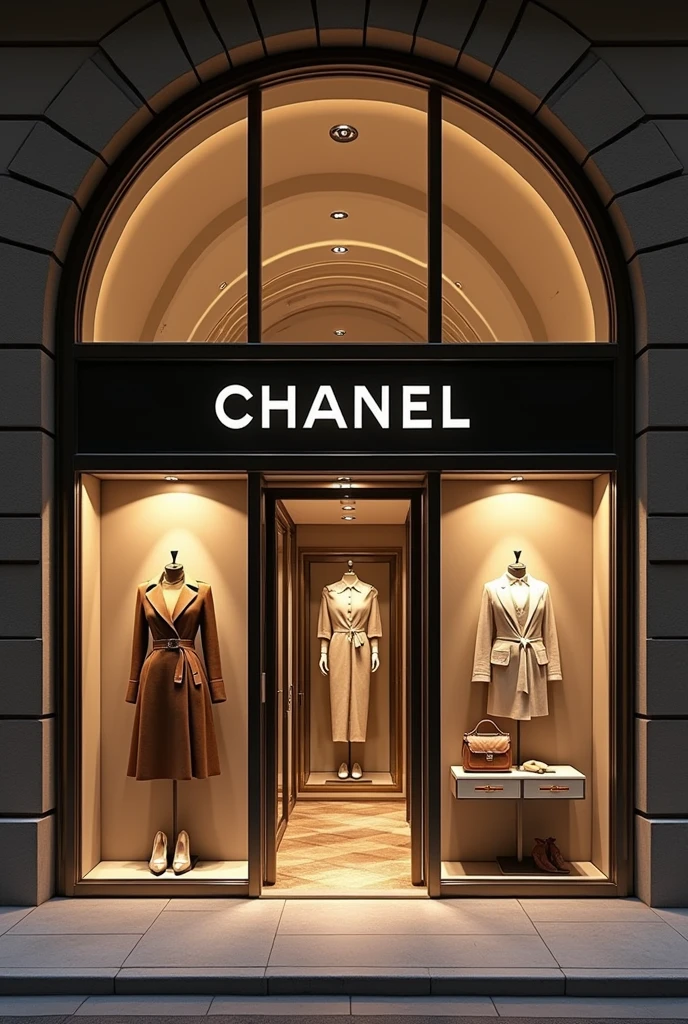 grande boutique chanel de vêtement de luxe , classe sobre luxeuse, thème années 2000, vitrine vêtement femme classe manteau robe chaussure sac
