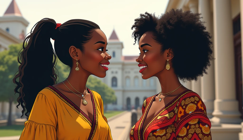 Two 20-year old sexy and curvy Nigerian female university students, standing outside their lecture hall, discussing 