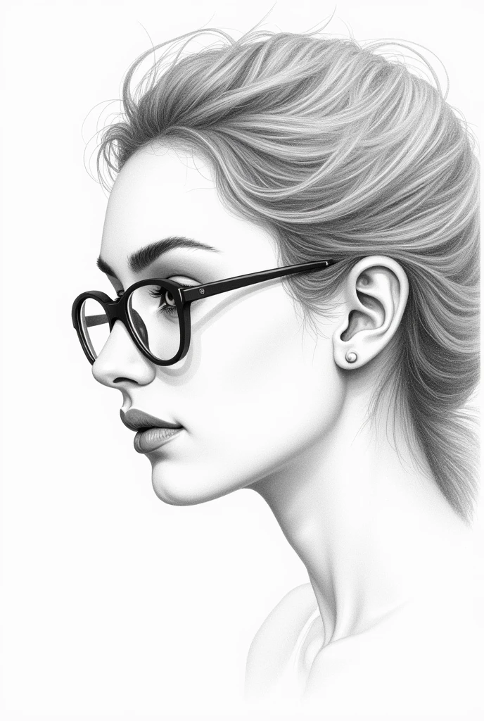 Hand drawn pencil drawing of side face of woman with glasses
