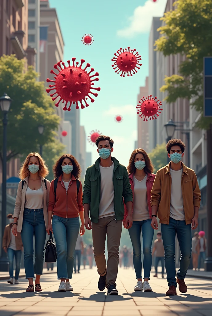 People walking down the street wearing masks and above the image detailed symbols of the coronavirus in a reddish color, People who walk normally. People of all white race, black and brown, more people