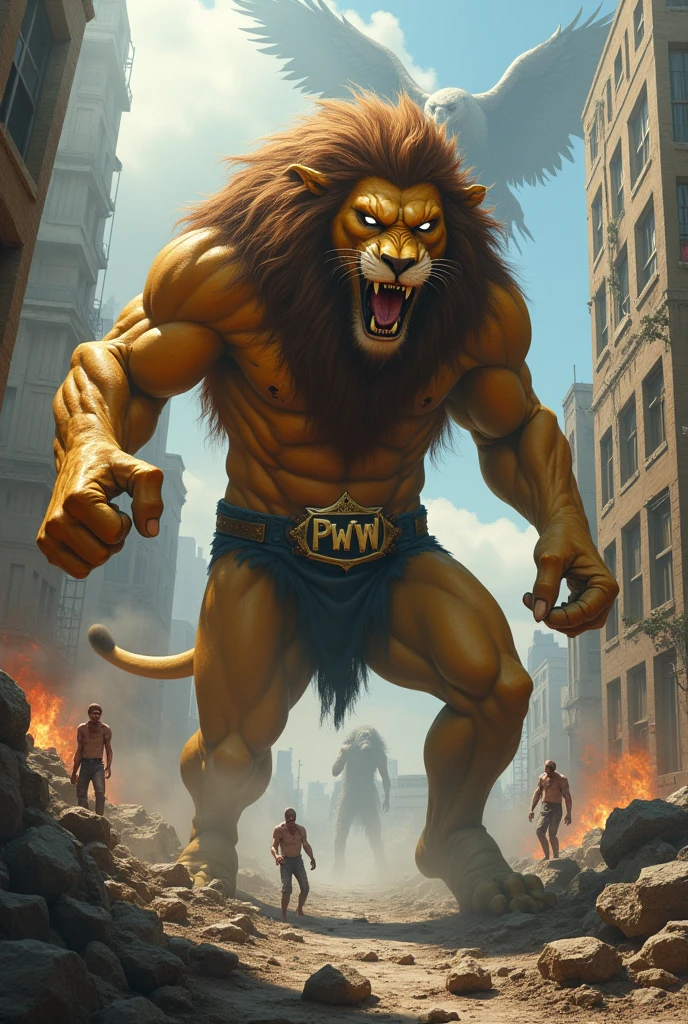 A Lion with human features, gigant ass, with a belt that says PWW. trampling buildings with little zombies climbing on it. Ao Fundo um urubu gigant ass, fainted