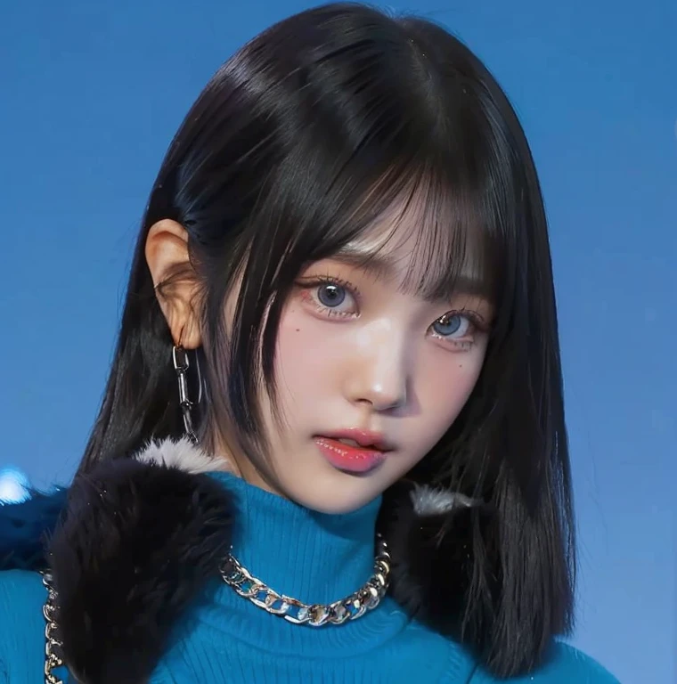 a close up of a woman wearing a blue sweater and a chain necklace and blue like eyes, She has black hair with bangs, Sui Ishida with black hair, the hime cut, lalisa manobal, black hime cropped fur, Portrait of Jossi from Blackpink, shikami, clean hair with bangs, with full bangs, white hime cut hairstyle, chiho, Jaeyeon Nam