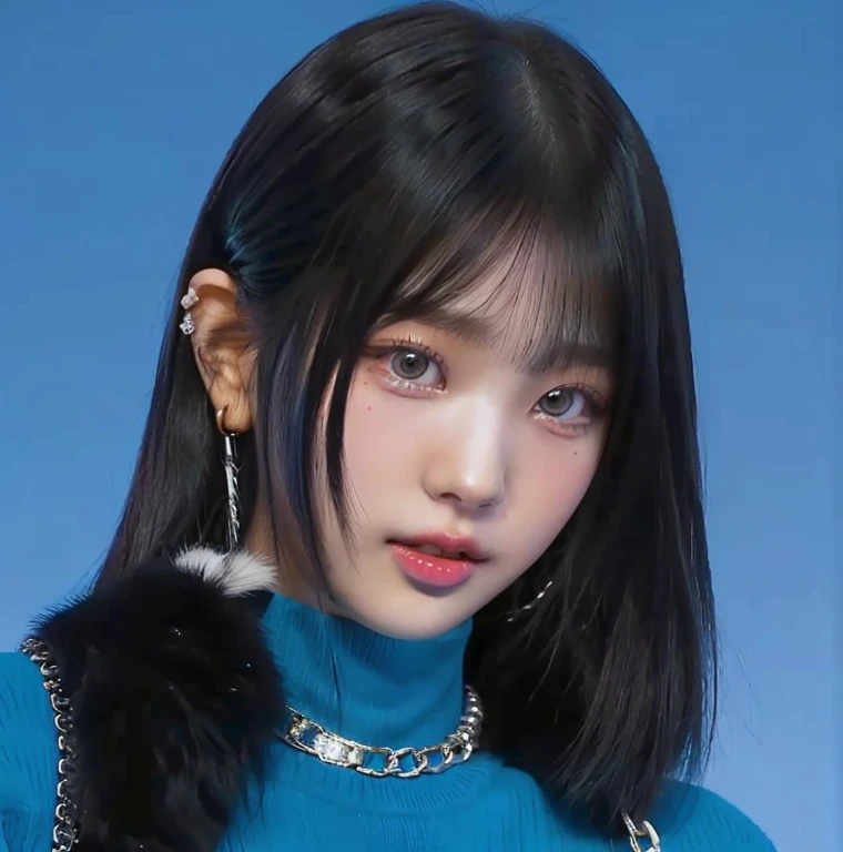 a close up of a woman wearing a blue sweater and a chain necklace and blue like eyes, She has black hair with bangs, Sui Ishida with black hair, the hime cut, lalisa manobal, black hime cropped fur, Portrait of Jossi from Blackpink, shikami, clean hair with bangs, with full bangs, white hime cut hairstyle, chiho, Jaeyeon Nam