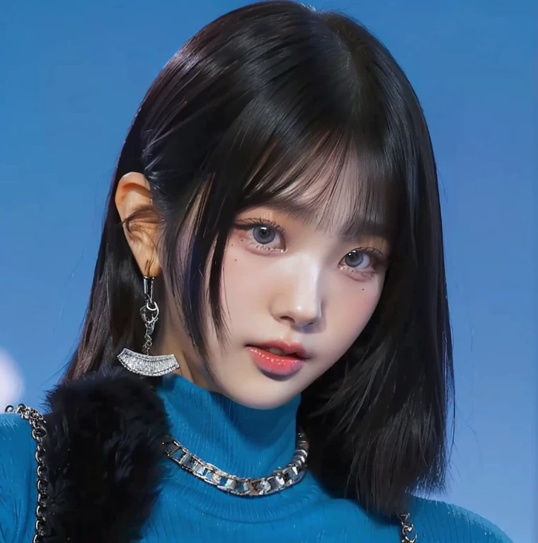 a close up of a woman wearing a blue sweater and a chain necklace and blue like eyes, She has black hair with bangs, Sui Ishida with black hair, the hime cut, lalisa manobal, black hime cropped fur, Portrait of Jossi from Blackpink, shikami, clean hair with bangs, with full bangs, white hime cut hairstyle, chiho, Jaeyeon Nam