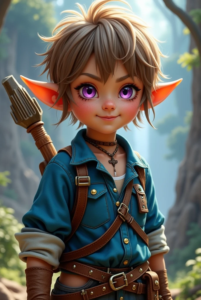Create an image of a gnome girl with elf ears, short-hair, light brown and rebellious, skin tanned, purple eyes, her outfit is rogue RPG style. The girl has a mischievous smile, blue clothes and a bow on the back