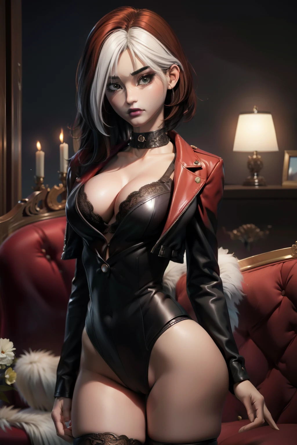  absurdres, highres, ultra detailed, rogue ,red and whité hair , disappointed  face , solo ,  jacket, open clothes,  bra , medium breasts , highleg pantie  , looking at viewer , lace stockings, bedroom . 