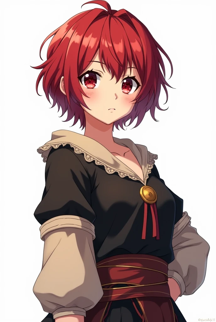 Girl with short red hair (Tomboy style), wine colored eyes, Caucasian skin, wearing black and beige medieval clothes, white background, anime style V2