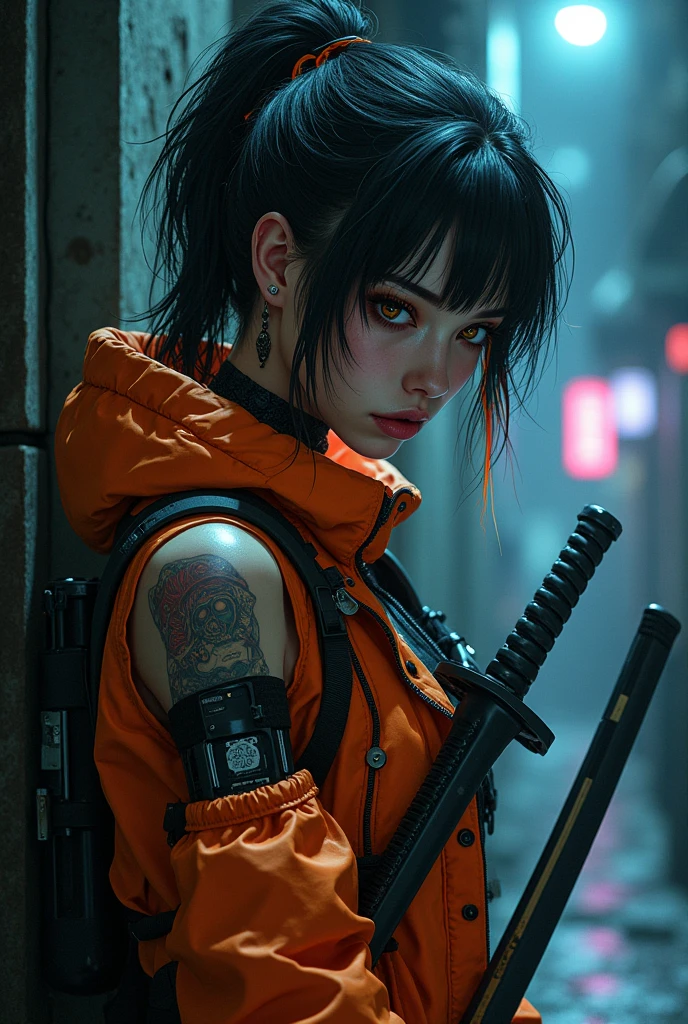Female Asian, light angry smile, messy hair tied with neon tips, amber eyes, cybernetics in eyes, scar on left eye, left arm with few Black carbon cybernetics, neon jacket overcoat clothing, tattoo with family symbol on forearm, night alley background, moon reflection on Walter, Pose leaning against the wall sharpening a katana, Focus on the face, high details at the injured arms