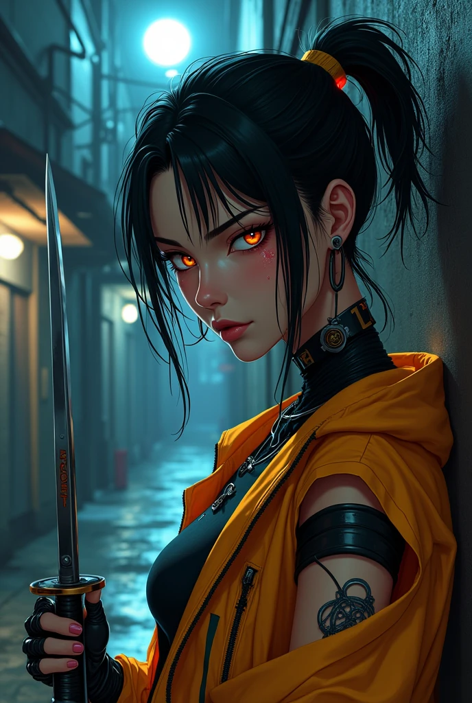 Female Asian, light angry smile, messy hair tied with neon tips, amber eyes, cybernetics in eyes, scar on left eye, left arm with few Black carbon cybernetics, neon jacket overcoat clothing, tattoo with family symbol on forearm, night alley background, moon reflection on Walter, Pose leaning against the wall sharpening a katana, Focus on the face, high details at the injured arms