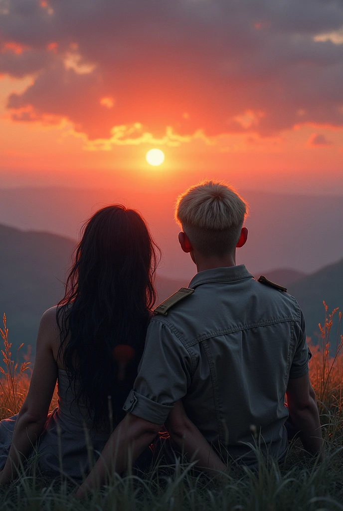 create the image of a couple watching the sunset a woman with dirty clothes and long dark hair with a strong military man with blond hair lying on the grass on top of a hill watching the sunset