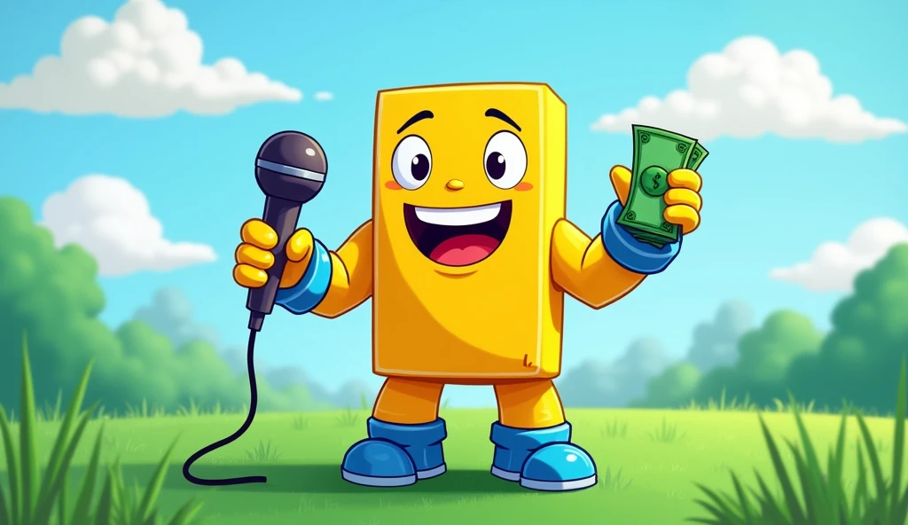 Make a yellow and blue Roblox human noob, holding a microphone in his right hand smiling and with a wad of money in his left hand, All drawn in cartoon style and very colorful and eye-catching, in a 800x800 pixel format, and has a green meadow in the background 