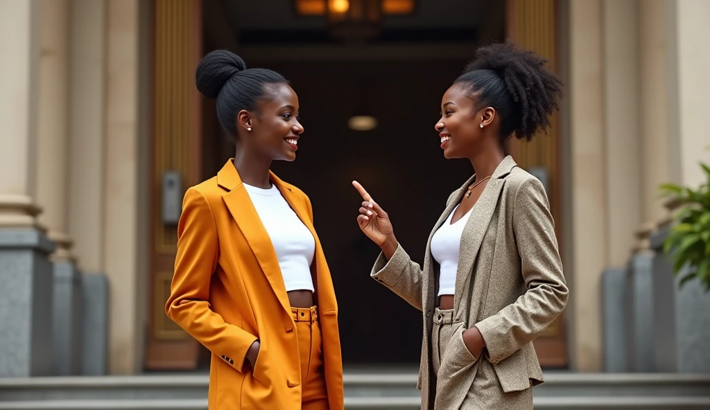 Two 20-year old sexy and hot Nigerian female university students, standing outside their lecture hall, discussing 