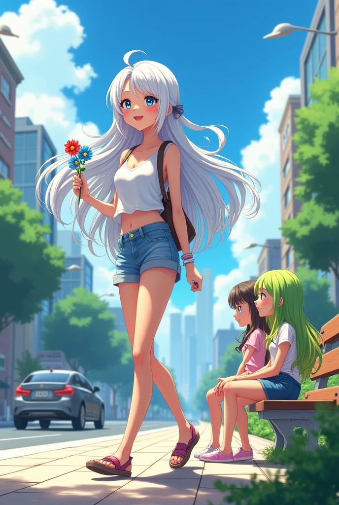 Ai animated Beautiful female character who is walking at the side of road with in front of camer photos and take one photo in front camera wearing summer season clothes and white silkin colour hair shining with long hair at the top of city building she sited at the last corner building talking with her friend with laughing and smile to sitting with her friends in the long green garden to sit on the bench to sit down with her friends and the second one friends hair colour is green and yellow. And bring only two colour flower at her hand first one is in  a red and second one is in blue colour rose in his hand who is in front of camera 