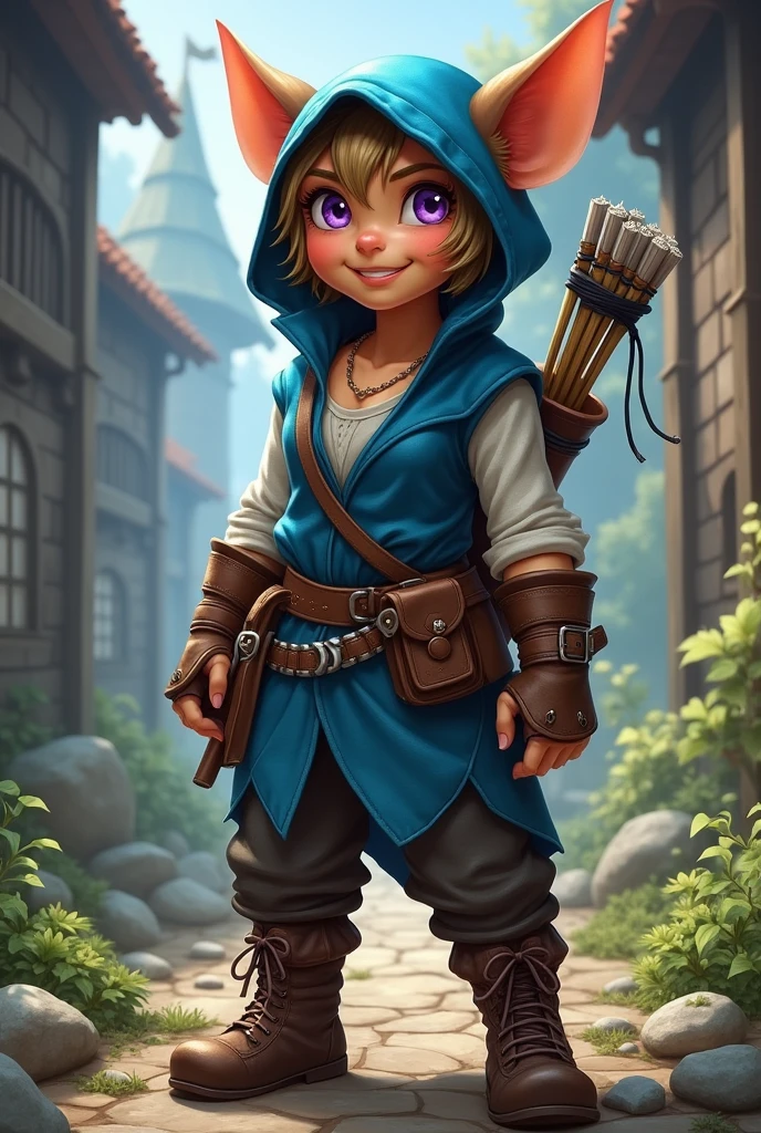 Create the image of a gnome woman, short-hair, light brown and rebellious, skin tanned, purple eyes, her outfit is rogue RPG style. The girl has a mischievous smile, blue clothes and a bow on the back