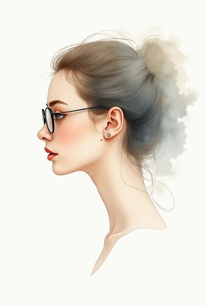 Watercolor hand drawing of side face of woman with glasses