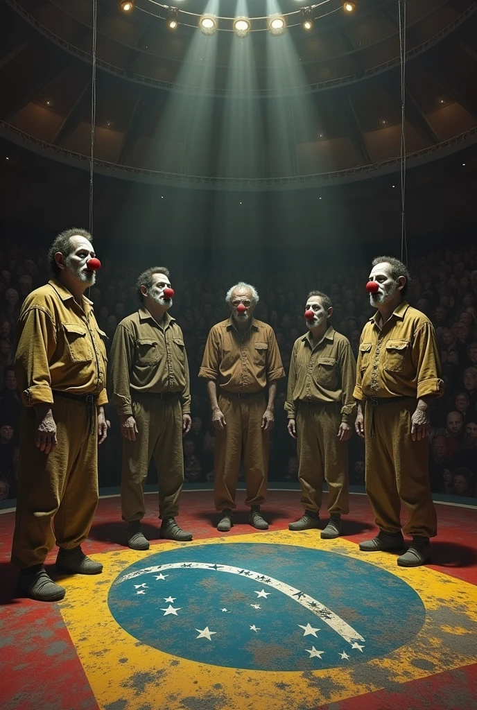 create an image of a circus, where the clowns are simple people with an appearance of poverty and hunger and dirty clothes with clown noses and the audience are politicians where half have Bolsonaro's face and the other half have Lula's face and the circus floor has the image of the Brazilian flag all worn out and dirty