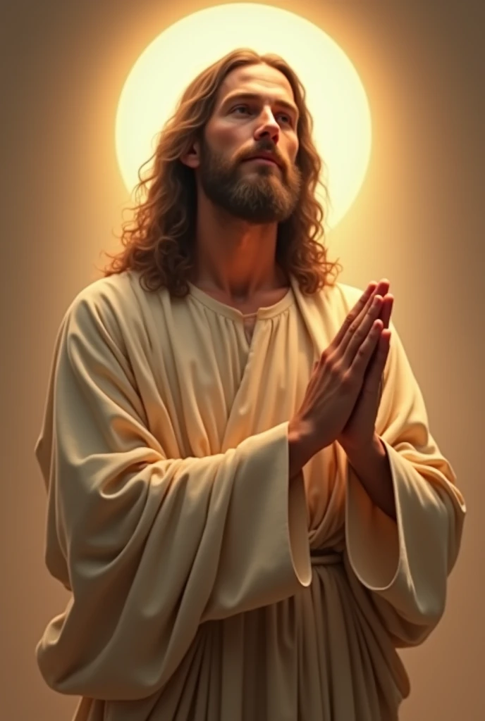 “Image of Jesus Christ depicted from the waist up. He is wearing a simple robe with a visible neckline. His serene and compassionate expression is the focal point, with his long, wavy hair gently framing his face. A soft halo of light surrounds his head, and his hands rest gently in front of him, one hand slightly raised as if in blessing. The background is soft and minimal, allowing the warmth and gentle light that surrounds him to emphasize the peaceful aura of the scene.”