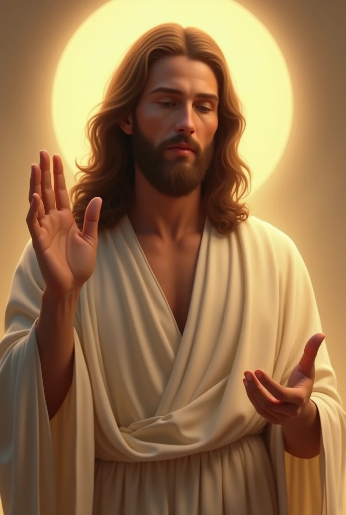 “Image of Jesus Christ depicted from the waist up. He is wearing a simple robe with a visible neckline. His serene and compassionate expression is the focal point, with his long, wavy hair gently framing his face. A soft halo of light surrounds his head, and his hands rest gently in front of him, one hand slightly raised as if in blessing. The background is soft and minimal, allowing the warmth and gentle light that surrounds him to emphasize the peaceful aura of the scene.”
