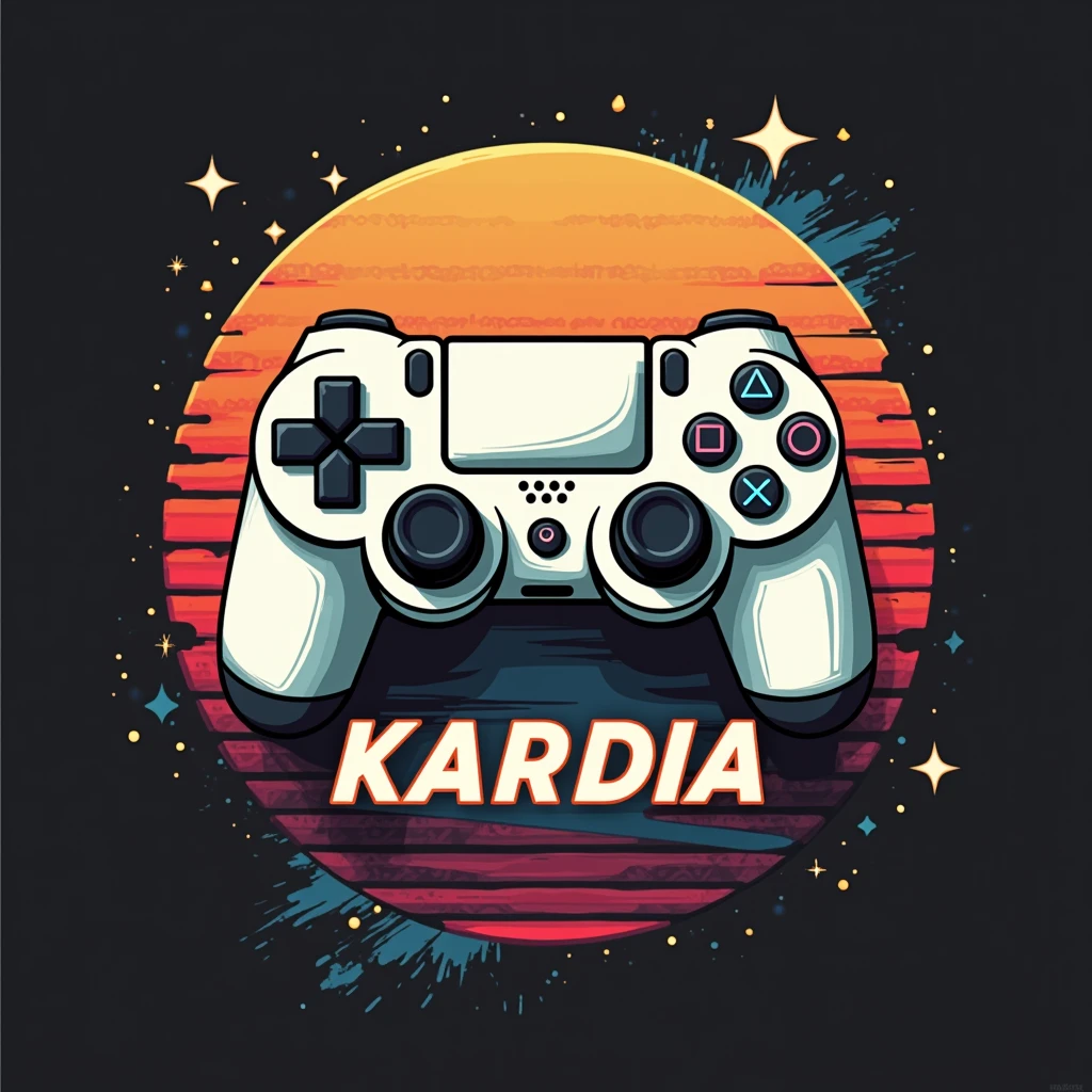 Logo with the name Kardia, with video game theme and playstatio 4 controller, back ground azul, blue background