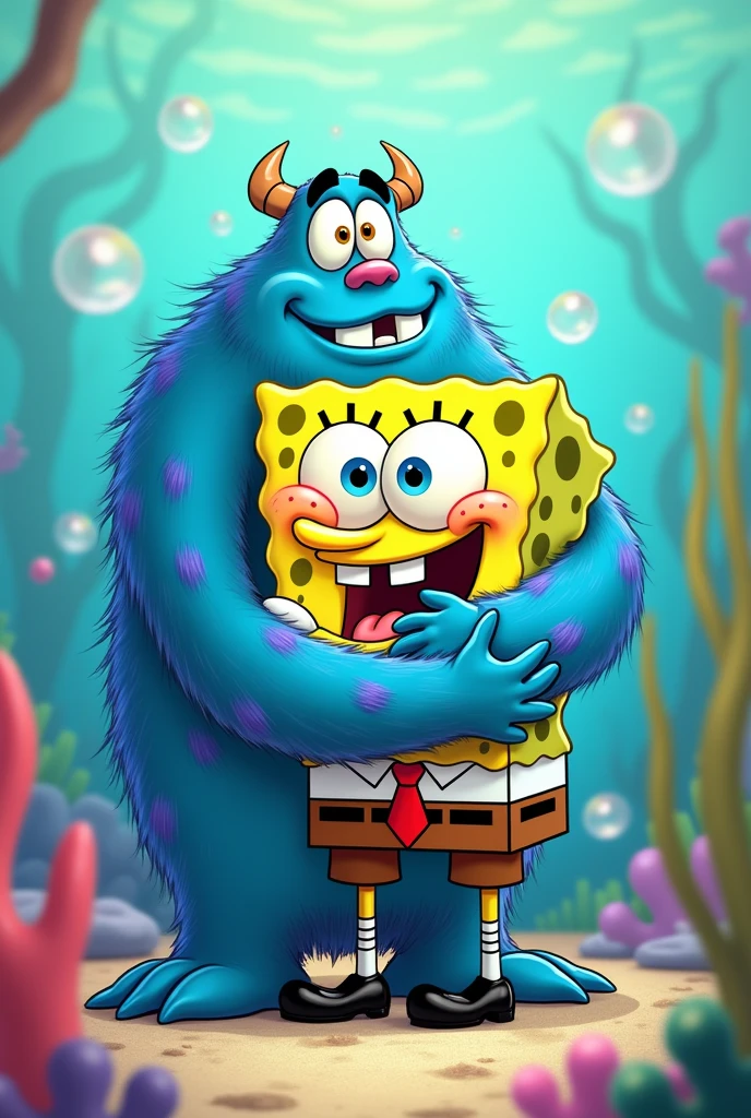 Sullivan (Monster Factory cartoon) and SpongeBob hugging