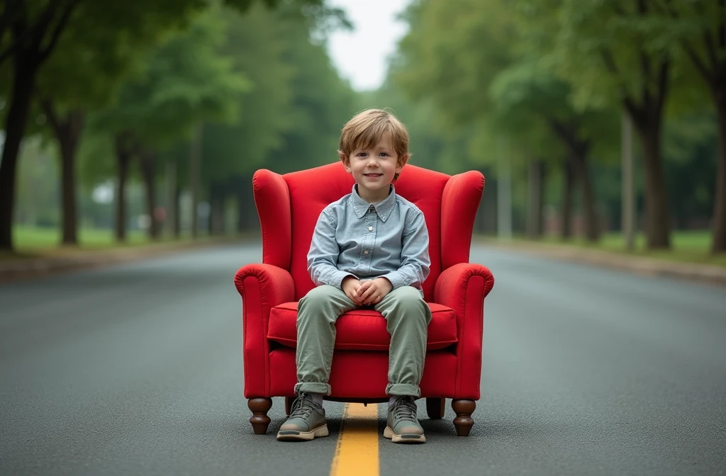 there is a young boy sitting in a red chair in the middle of a road, a portrait by James Warhola, shutterstock contest winner, art photography, cute boy, sitting in fancy chair, sitting in a chair, sat in his throne, sitting in chair, candid portrait photo, sitting on his throne, mid portrait, sitting on chair, closeup portrait shot