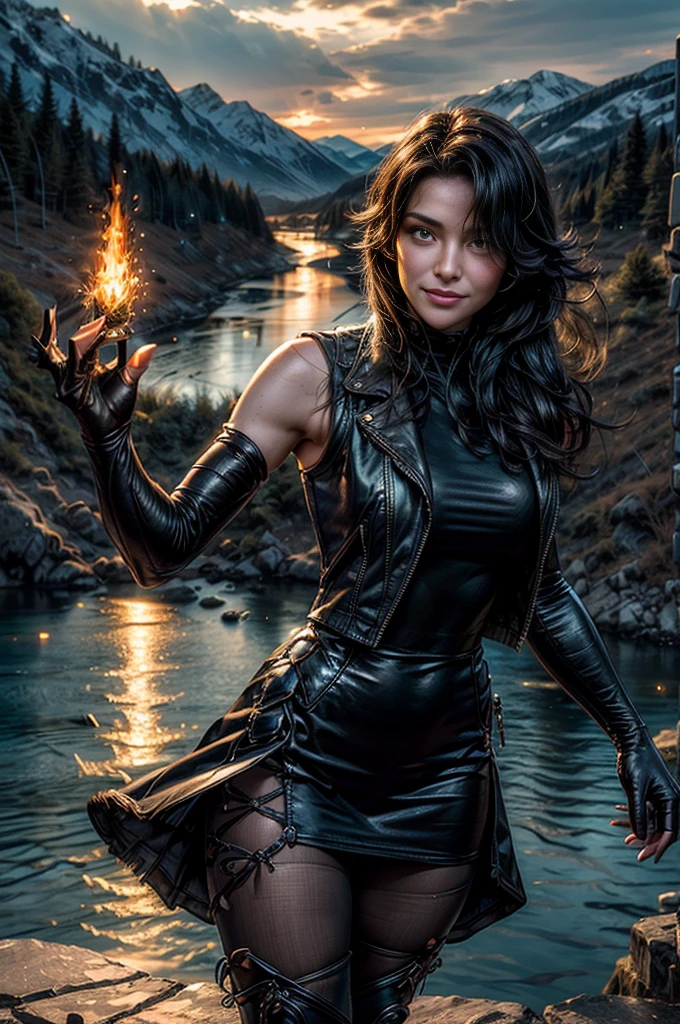 (masterpiece, best quality:1.2), cowboy shot, solo, 1girl, cinder fall, evil smile, looking at viewer, long hair, black dress, sleeveless jacket, elbow gloves, pantyhose, outdoors, standing at wedding reception, on mountainside, overlooking valley, river, flame in hand, crowd, tables (volumetric lighting), sharp focus, hyper detailed