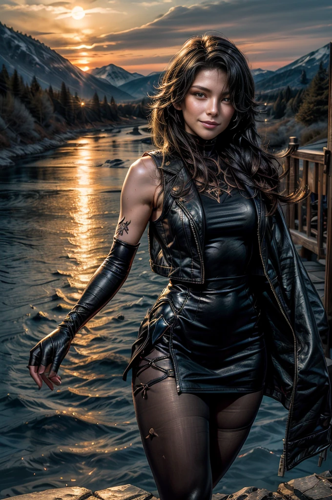 (masterpiece, best quality:1.2), cowboy shot, solo, 1girl, cinder fall, smiling, looking at viewer, long hair, t-shirt, skirt, elbow gloves, holding flames, near river in forest, broken bridge in the background, bonfires, crowd, (crowd dressed in military uniforms, searching with rifles) night, stars, moon (volumetric lighting), sharp focus, hyper detailed