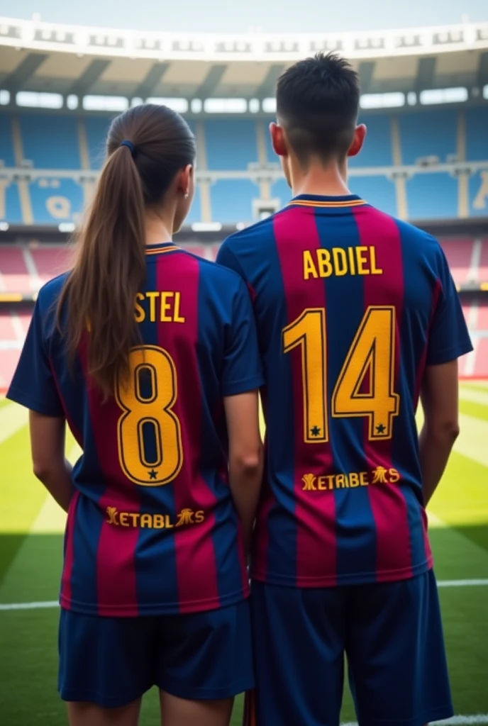Woman and man from behind looking forward wearing the original Barcelona shirts with the numbers 8 and 14 with the names Kristel and Abdiel with the girl's hair tied to one side and jeans in a football stadium and the man without a beard