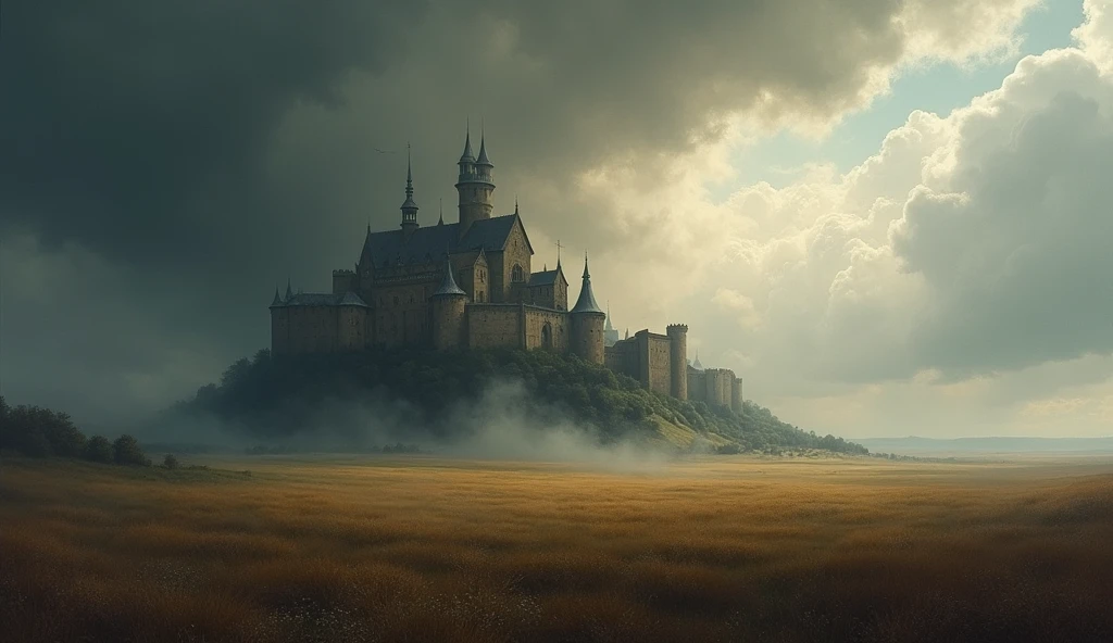 An artistic image combining a European medieval landscape with castles and vast fields under a dark, stormy sky, symbolizing impending political and military turmoil. The scene is rendered in the style of Edmund Blair Leighton, with detailed, dramatic contrasts between the looming clouds and the rich, historical architecture of the castle. The fields are vast, with hints of battle preparations, and the overall atmosphere is tense, capturing the anticipation of conflict through Leighton’s signature attention to detail and emotional depth., Surrealism, Hyperrealism, UHD, retina, masterpiece, accurate, anatomically correct, textured skin, super detail, high quality, 16k