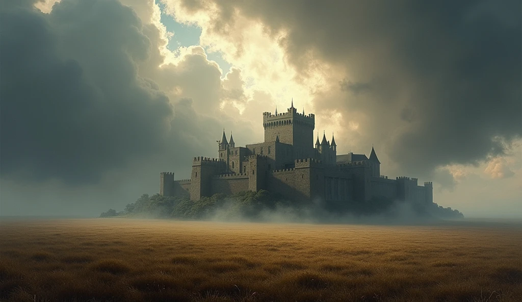 An artistic image combining a European medieval landscape with castles and vast fields under a dark, stormy sky, symbolizing impending political and military turmoil. The scene is rendered in the style of Edmund Blair Leighton, with detailed, dramatic contrasts between the looming clouds and the rich, historical architecture of the castle. The fields are vast, with hints of battle preparations, and the overall atmosphere is tense, capturing the anticipation of conflict through Leighton’s signature attention to detail and emotional depth., Surrealism, Hyperrealism, UHD, retina, masterpiece, accurate, anatomically correct, textured skin, super detail, high quality, 16k