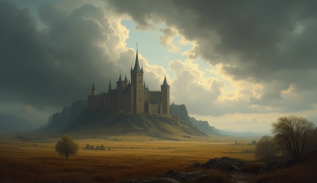 An artistic image combining a European medieval landscape with castles and vast fields under a dark, stormy sky, symbolizing impending political and military turmoil. The scene is rendered in the style of Edmund Blair Leighton, with detailed, dramatic contrasts between the looming clouds and the rich, historical architecture of the castle. The fields are vast, with hints of battle preparations, and the overall atmosphere is tense, capturing the anticipation of conflict through Leighton’s signature attention to detail and emotional depth., Surrealism, Hyperrealism, UHD, retina, masterpiece, accurate, anatomically correct, textured skin, super detail, high quality, 16k