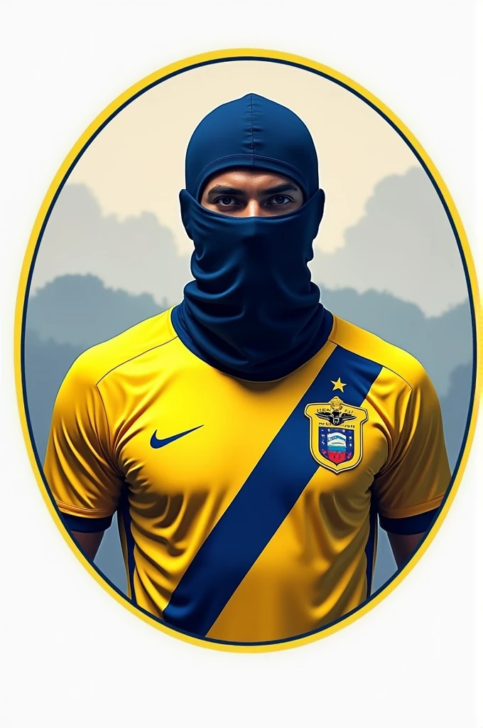 Take a circular logo with a person wearing a balaclava and the Ecuadorian national team jersey 