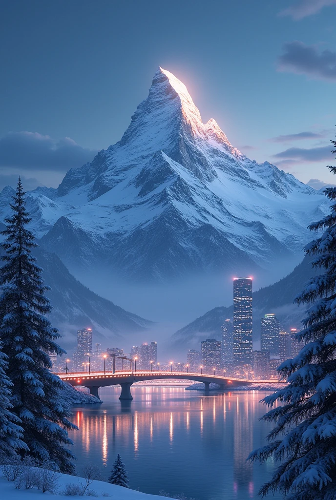 Snowy huge mountain in city skyscappers.and sea with bridge in winter.in night christmas