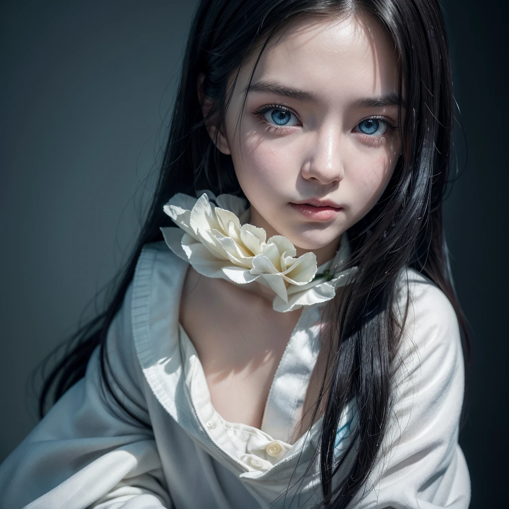 ((best qualityer)), ((work of art)), ((detailded)), create an image inspired by Rin Nanakura, super realistico, a beautiful young woman, young white color, long  hair, Bblack hair, blue colored eyes, elegant outfit, top quality picture, super realistico, 8 k quality, ultra realisitic, ultra definition, cinema quality