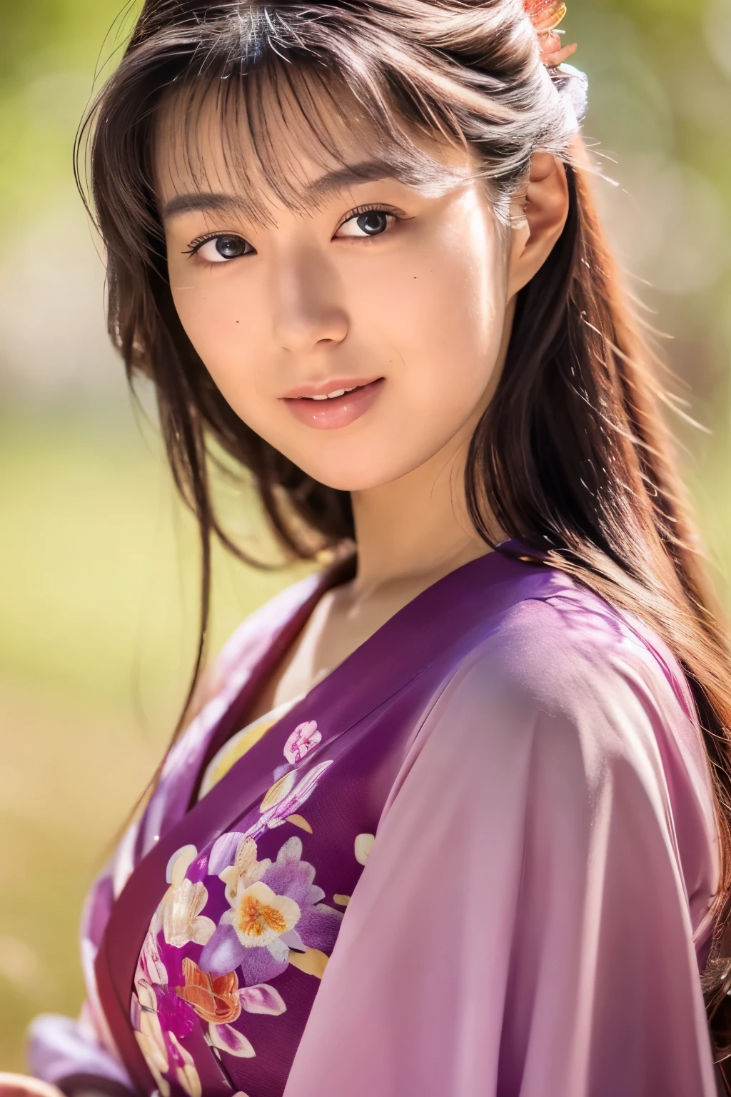 (best quality,highres,ultra-detailed),((portrait)),A beautiful Japanese lady, beautiful detailed eyes, beautiful detailed lips, extremely detailed face, long eyelashes,soft smile, flowing hair, natural lighting, wearing Japanese elegant Kimono,