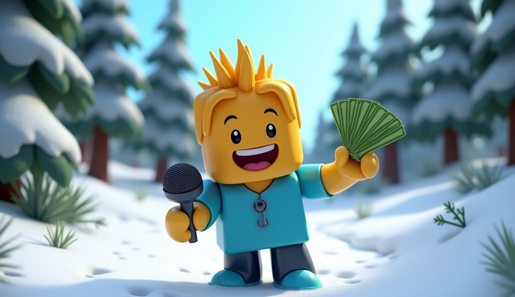 Make a yellow and blue Roblox human noob, holding a microphone in his right hand smiling and with a wad of money in his left hand, All drawn in cartoon style and very colorful and eye-catching, in a 800x800 pixel format, and that has a snowy forest in the background