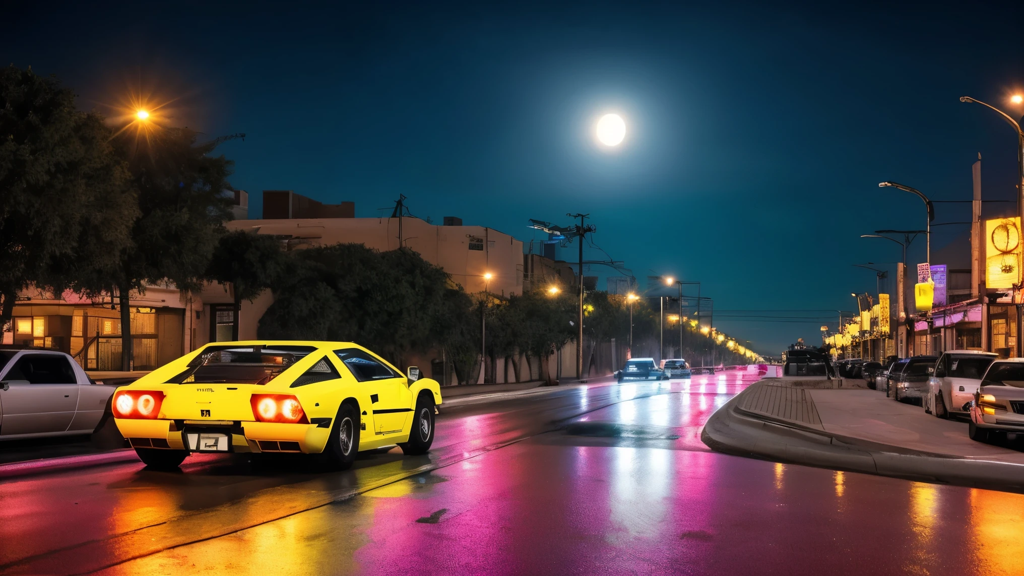 A dynamic, cyberpunk-style digital artwork depicts a night scene with a striking Lamborghini Countach at its center. The car, painted in a vibrant magenta with reflective surfaces, is positioned slightly to the right of center, facing away from the viewer. It features a large rear spoiler, distinctive rectangular tail lights with yellow and red sections, chrome-finished wheels with black tires, and a license plate reading '2D8S 5C5'. The word 'Lamborghini' appears in white block letters on the lower left side, while 'TURBO' is displayed in red on the rear panel. The background showcases a neon-lit urban landscape with tall skyscrapers, palm trees lining the street, and various neon signs. On the left side, a prominent pink neon sign reads 'Lo0o Miami' in cursive script, while another vertical sign displays 'CONG' in orange letters. Streetlights emit a warm amber glow, reflecting off the wet asphalt road that leads into the distance, creating a mirror-like effect with vivid reflections of neon lights in red, yellow, blue, and pink. A full moon with visible craters illuminates the scene from the upper right corner of the night sky, casting a cool white light over the area. The overall composition is centered, with high contrast and saturation, enhancing the energetic and futuristic mood of the cityscape. The wet road surface adds texture and depth to the scene, suggesting recent rainfall and contributing to the overall atmosphere of a lively, neon-lit urban environment reminiscent of 1980s Miami.