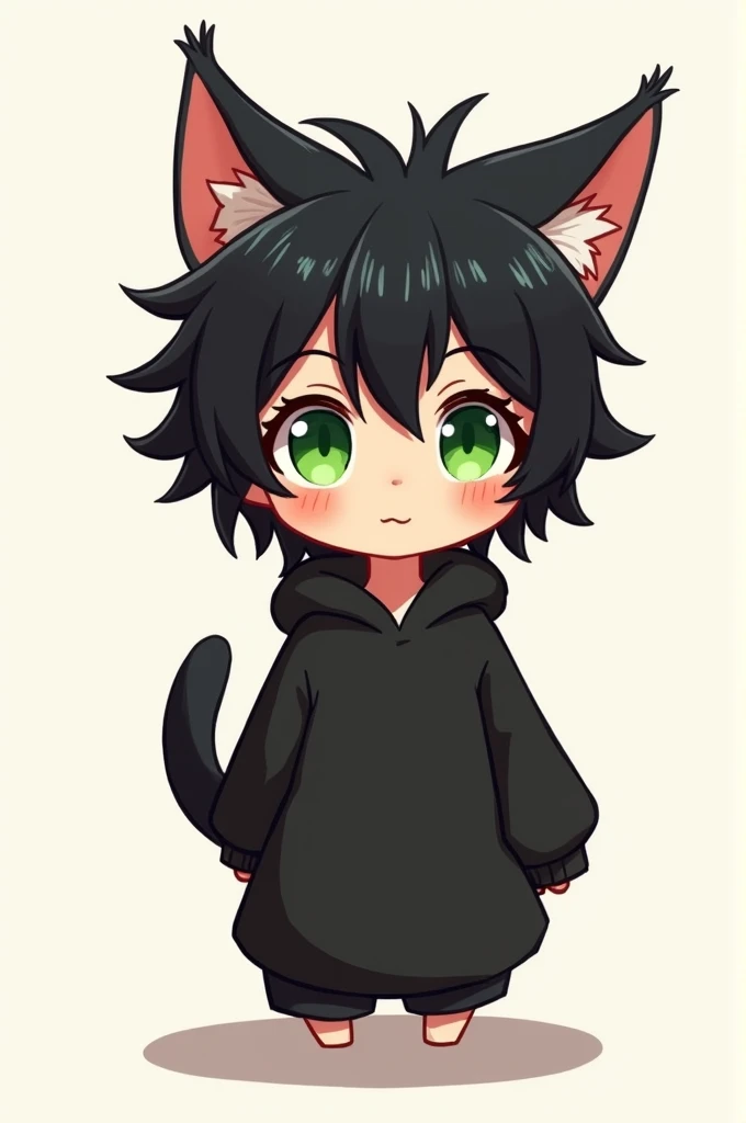 Cartoon drawing with green eyes, cat ears, black sweatshirt and black hair